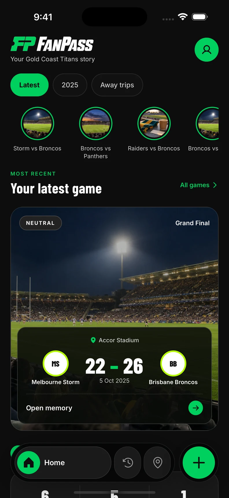 FanPass home screen with matchday memories and recorded games